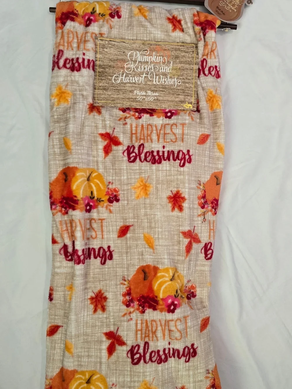 Harvest Blessings Pumpkin Throw Blanket - Cream with Orange & Red Accents